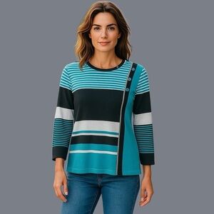 Allison Daley Medium Nautical Stripe Sweater Blue Black White